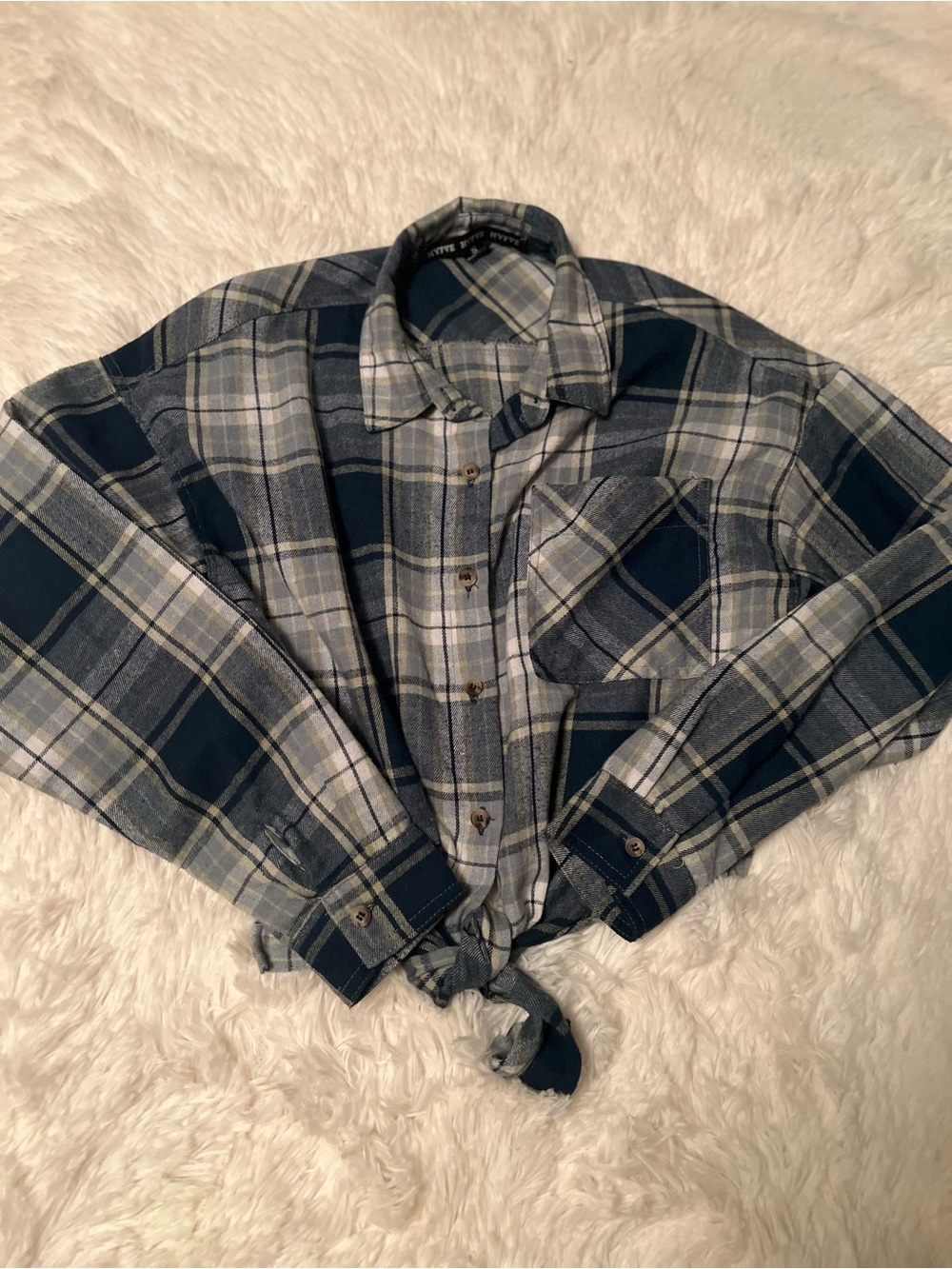 Women’s Blue and Gray Plaid Flannel Shirt Tie At The Waist